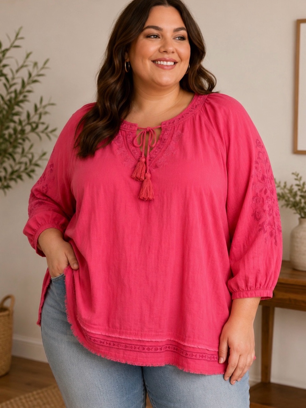John Mark Coral Pink Linen Peasant Tie-Neck Top Plus size 2x NWT